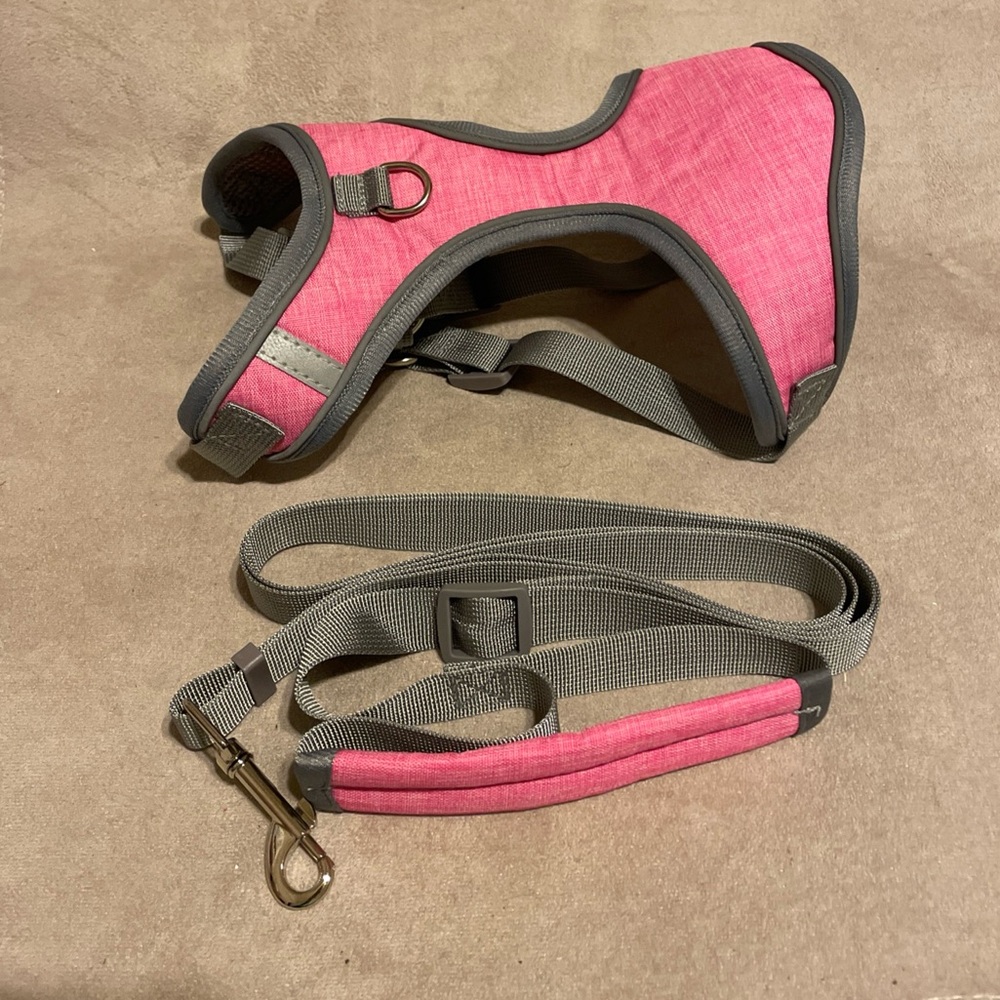 Pink and Gray Dog Harness with Leash - NEW